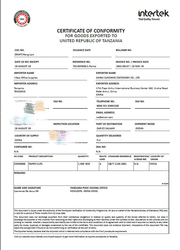 CQC certificate for Tanzania customer